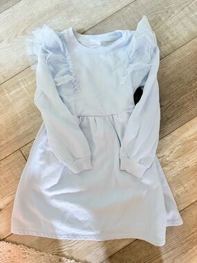 GAP Pale Blue Long Sleeve Girls Dress with Sheer Ruffle Shoulders
